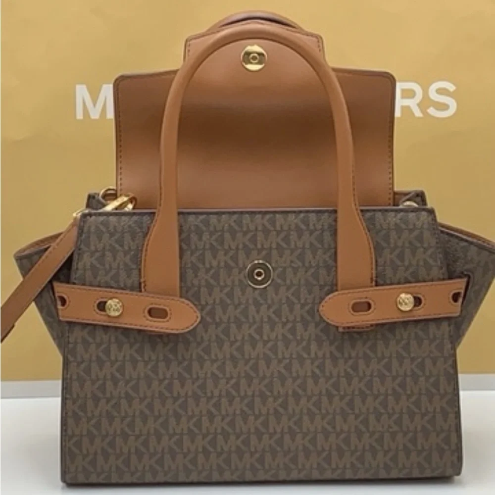 MICHAEL KORS Carmen Medium Faux Leather Belted Satchel Brown Signature color